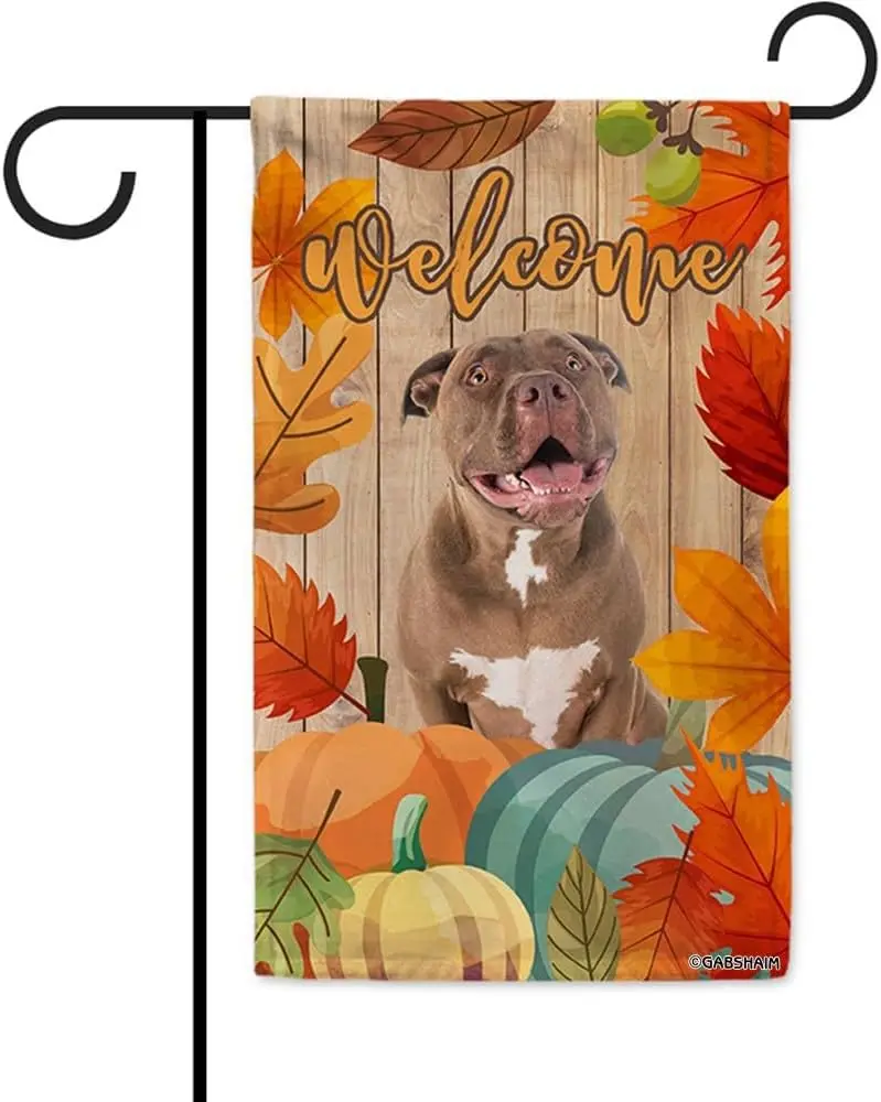 Welcome Fall Autumn Dog Decor Garden Flag for Outside Pitbull Red Nose Maple Leaf Pumpkins Harvest Flag Banner for Outside Yard