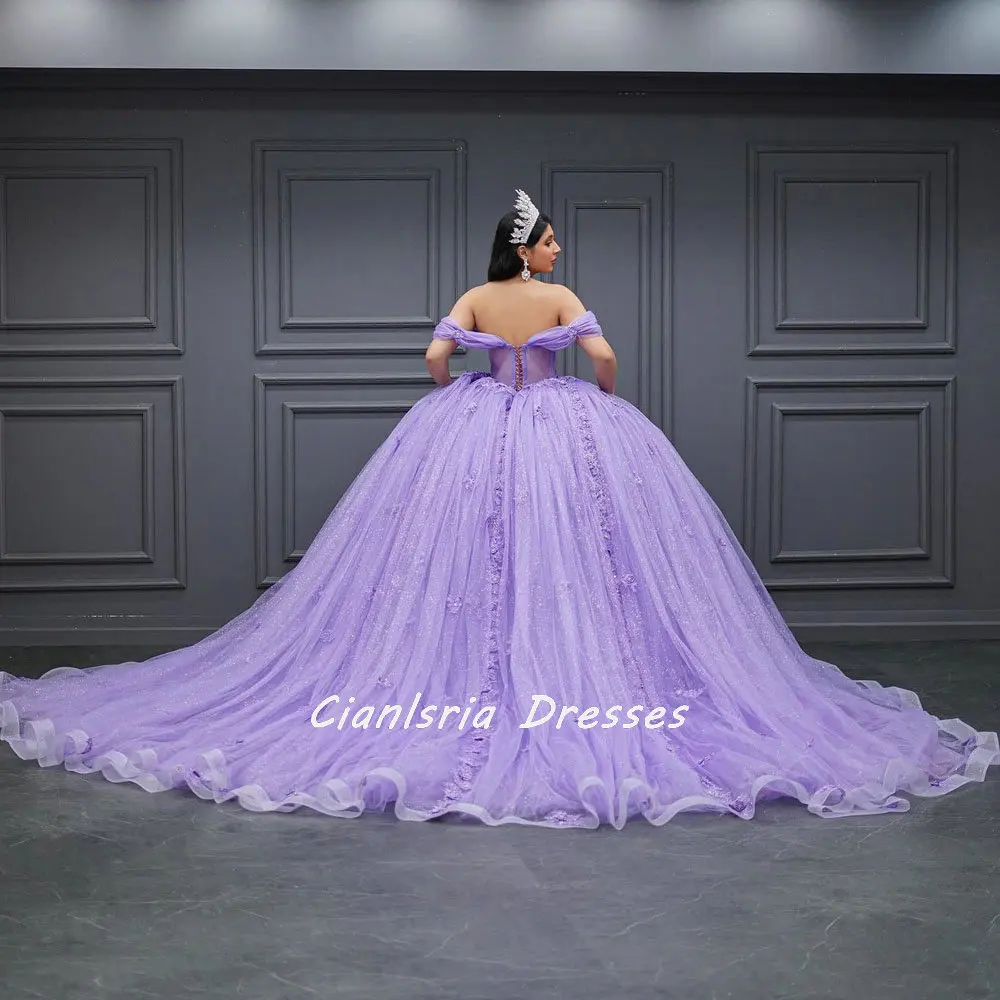 Vestido De quinceañera lila con flores en 3D, vestido De fiesta De cristal, hombros descubiertos, apliques De cuentas, corsé De ilusión, 15 Años