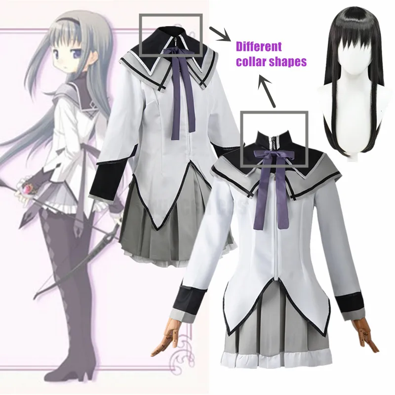 Anime Puella Magi Madoka Magica Cosplay Akemi Homura Cosplay Costume Short Skirt Jk Uniform with Bowknots Wig Halloween Party