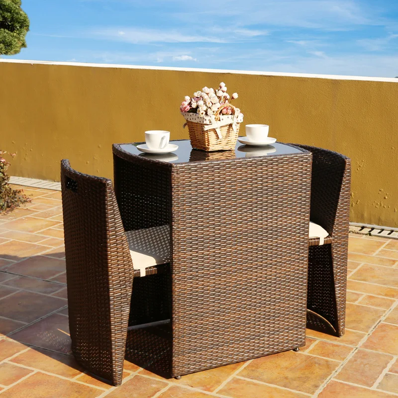 Outdoor table and chair villa courtyard garden leisure rattan chair three-piece set card seat for easy storage