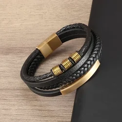 Classic Handwoven Punk Multilayer Leather Metal Magnetic Buckle Bracelet Men\\\'s Cuff Bracelet Charm Leisure Sports Jewelry