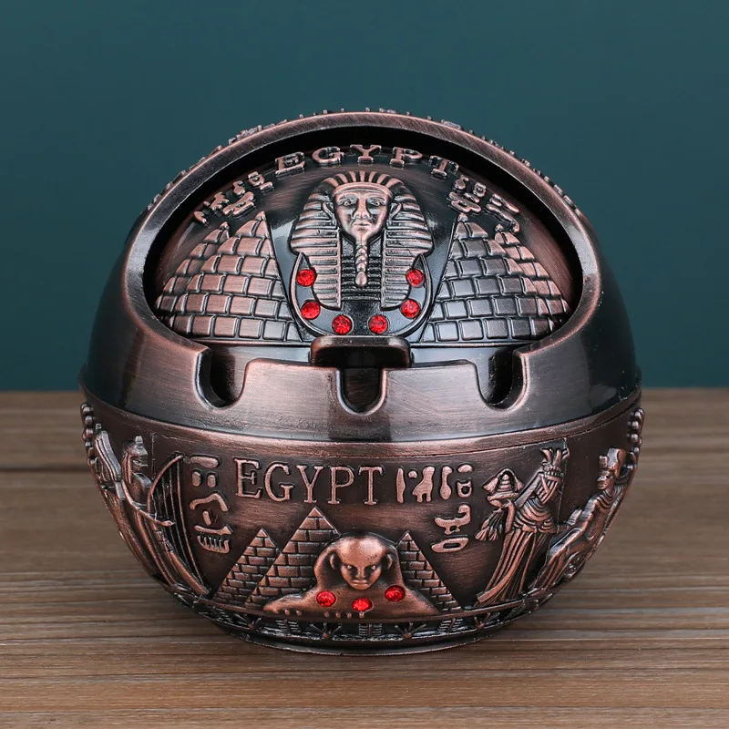 

2025 New Ashtray Zinc Alloy Windproof Semi Closed Cover 3D Enamel Design Globe Ashtray Small-red copper-Egypt