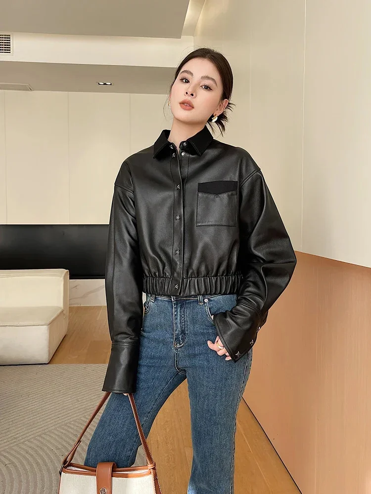 

Real Black Sheepskin Coat for Women Spring Autumn 2024 New Casual Genuine Leather Motorcycle Cropped Jackets casaco feminino