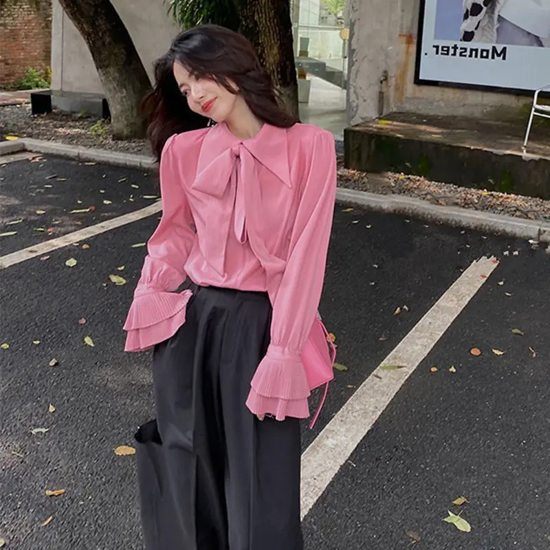 

Korea Women Sweet Unique Top Spring Summer New Gentle Style High End Layered Up Temperament Pink Shirt Female