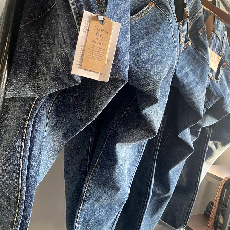 New Spring Men's Casual Straight Leg Jeans Long Pants Cotton Elastic Waed Outfit Versatile Comfortable Classic Blue Denim