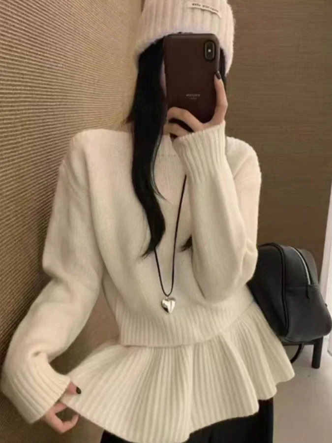 

Осенне-зимний корейский вязаный свитер с круглым вырезом для женщин, универсальный, в стиле Lazy Sle, мягкий, уютный, с отстегивающимся подолом-юбкой