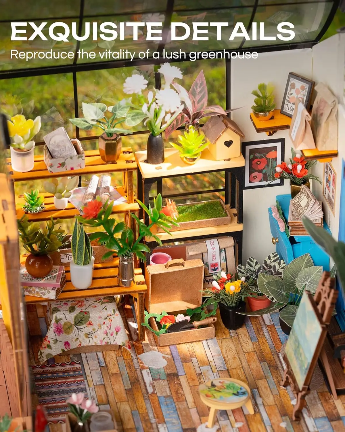 Rolife Mini Green House Cathy\'s Flower House DIY Dollhouse Wooden Miniature Furniture Kit with LED Best Birthday Gifts