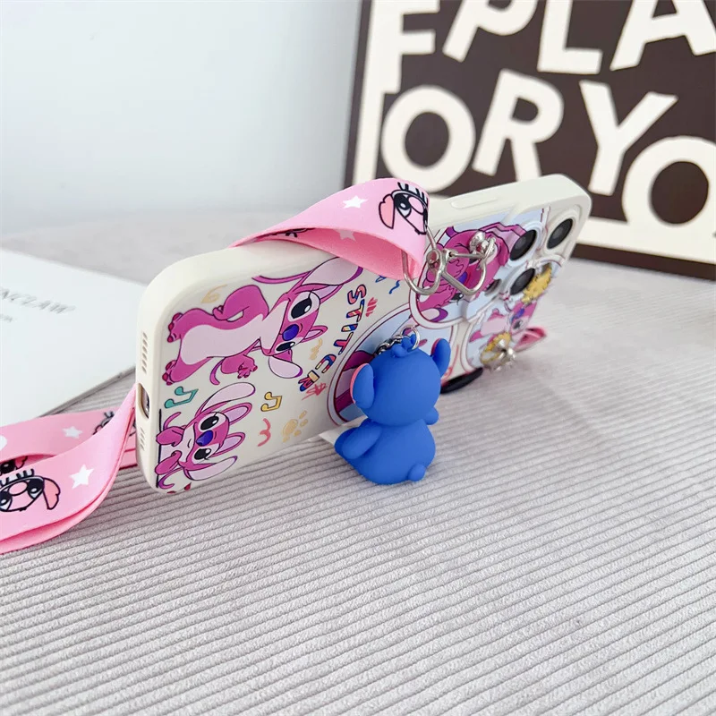Ángel de punto de dibujos animados con colgante de cordón pareja funda de teléfono para iPhone 12 13 mini 11 14 15 16 Pro Max XS XR X 6s 7 8 Plus