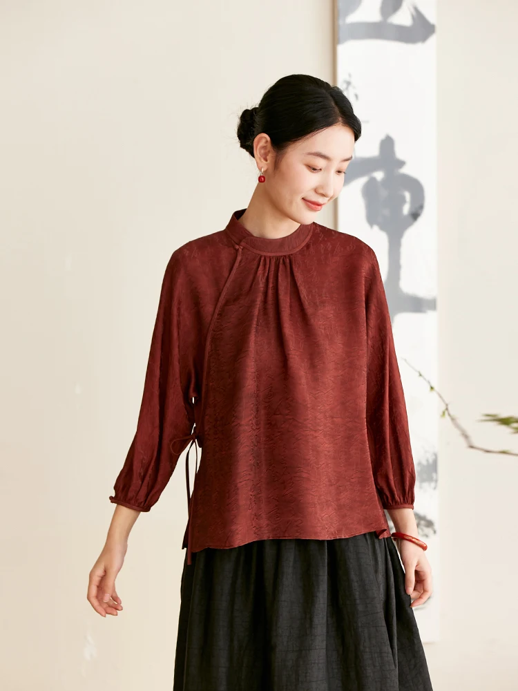 

Новая китайская женская рубашка из шелковой смеси с атласной поверхностью, 9 мм, в стиле Тан, с длинным рукавом, воротником-стойкой, традиционный дизайн