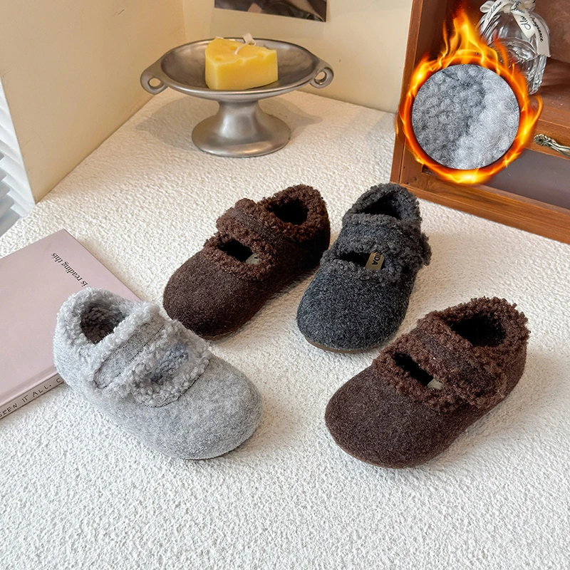 

Winter New Children Flat Shoes Fur Cover Toe Light Warm Kids Casual Shoe 2025 Plush Warm Non-slip Leisure Comfy Boys Girls Shoe