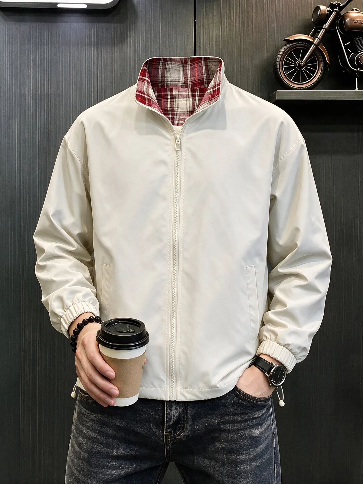 Black Plaid Splicing Men's Baseball Jacket Stand Collar Three-Proof Short Pilot Coat Cleanfit Workwear Casual Style Outerwear