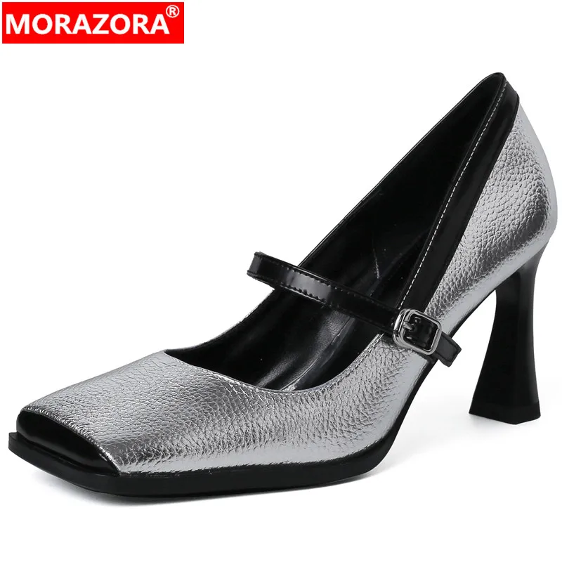 

MORAZORA 2024 New Size 33-40 Mary Janes Genuine Leather Shoes Woman Square Toe Ladies Dress Shoes Buckle Thick High Heels Pumps