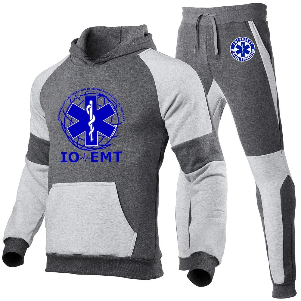 EMT Paramedic Emergency Medical 2023 New Men\'s Sportswear 2-piece sets Street Fashion fallow splice hoodie +trousers Suits