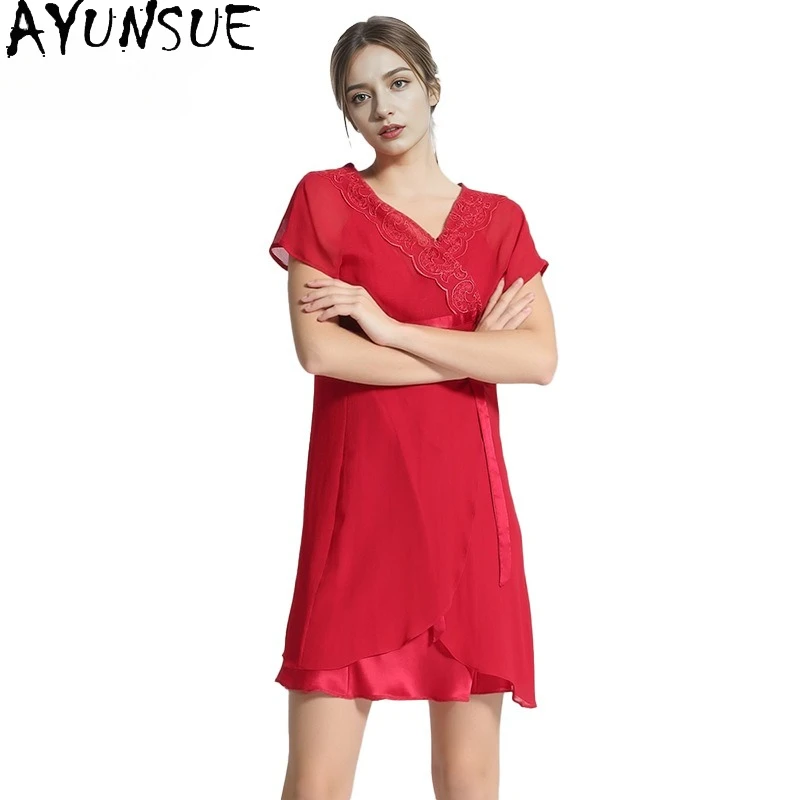 AYUNSUE 19Mm 100% Mulberry Robe Gorwn Sets Women Spring Summer Pajama Sets Sexy Sleepwear Women's Home Clothes Two Piece Set