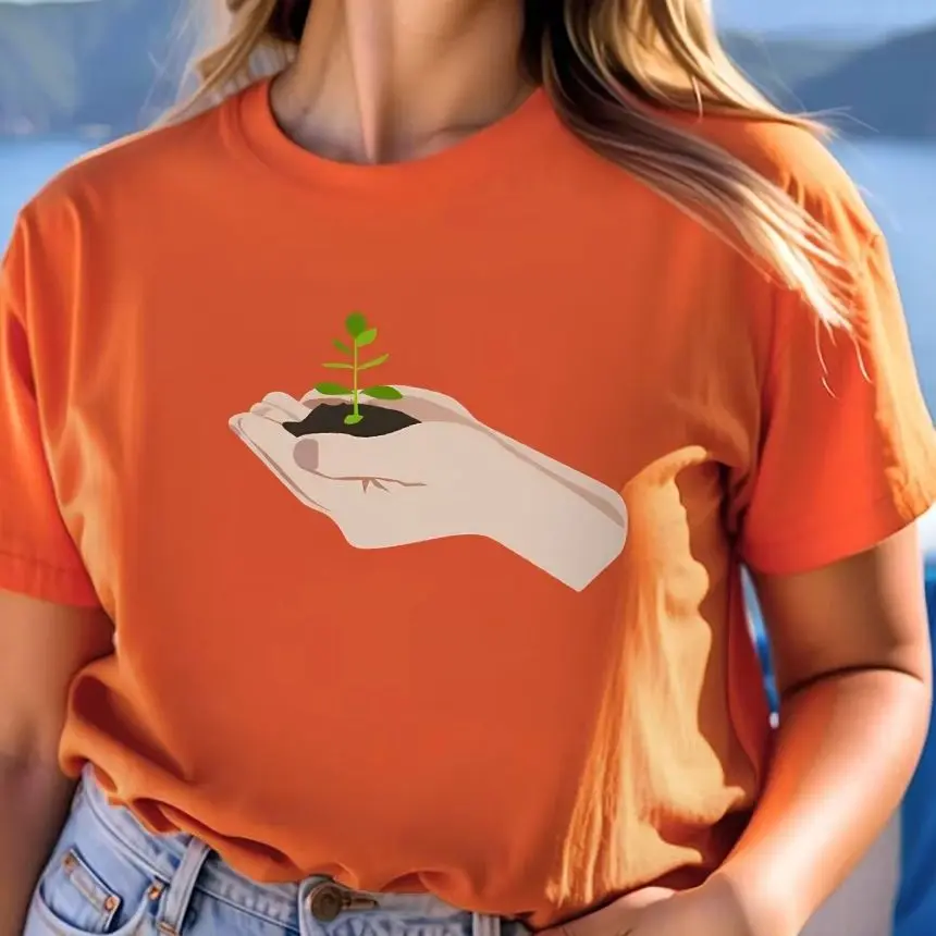 

Y2K Women‘s Clothes Cotton Casual T-Shirt Crew Neck Graphic Tees Street Wear Colorful Cartoon Hand Soil Plants Ecological