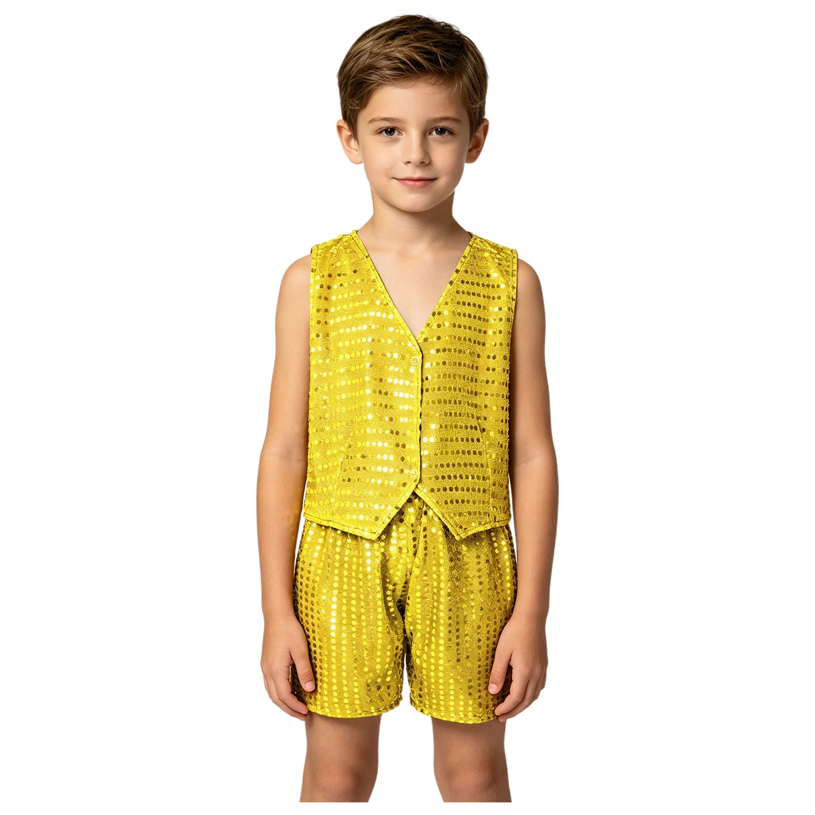 Kids Boys Girls Shiny Sequins Jazz Dance Street Hip Hop Outfit Sleeveless Metallic Vest with Shorts Stage Performance Costume