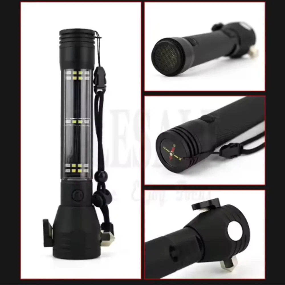 

Tactical Flashlight Emergency SOS Alarm Glass Breaker Camping Car Survival Torch USB Recharged Solar Powered Multi-Purpose 10in1