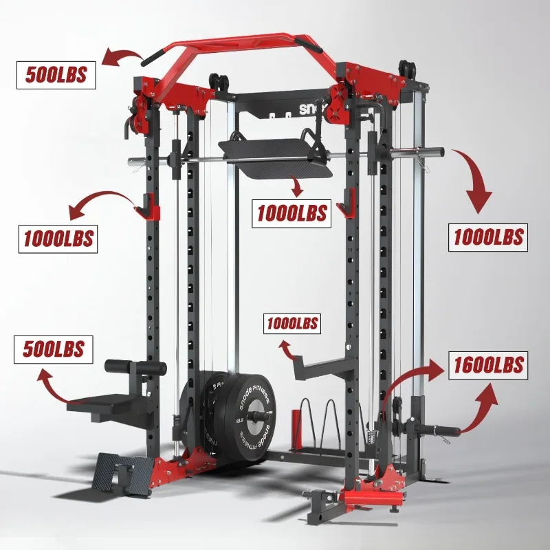 เครื่อง Smith สําหรับโฮมยิม, Power Rack พร้อม Cable Crossover, Squat Rack พร้อมขากดและ Advanced LAT Pull-Down, 2000LB