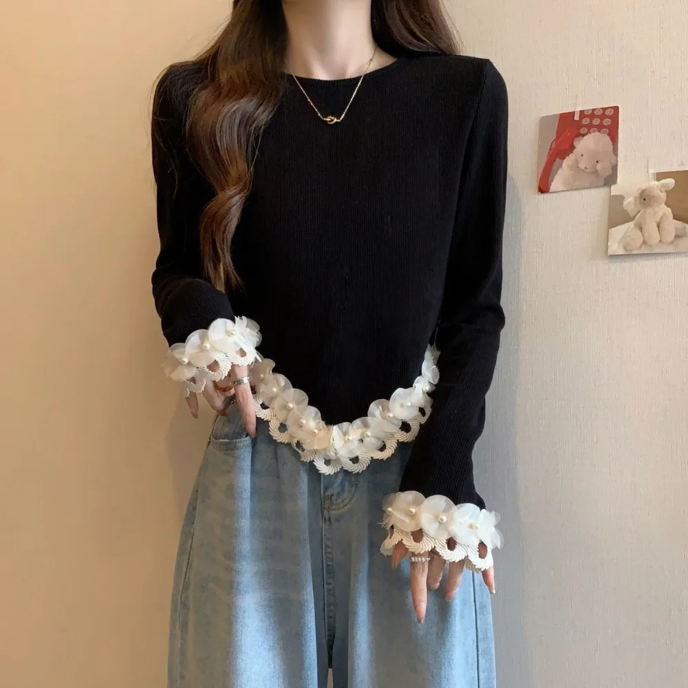 Großes Retro-Hemd mit schwarzer Basis für Damen, Spitze, einfarbiges Design, schmale Passform, schlankmachend, schlicht, elegant, Sinn für Mode