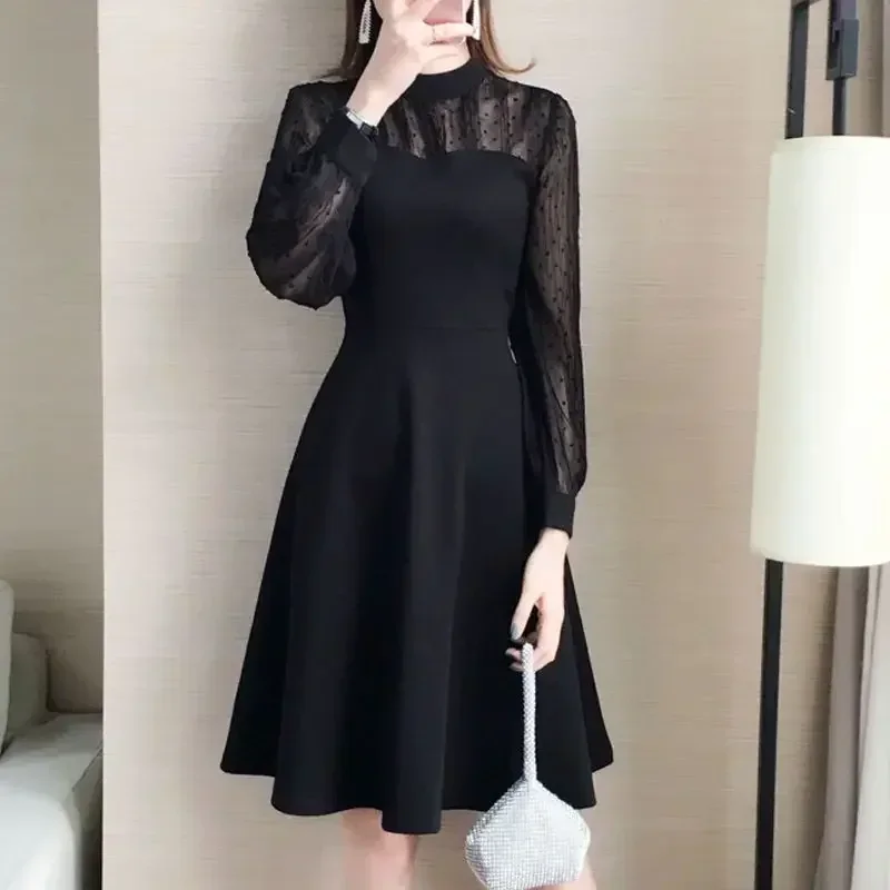 Splicing Women\'s Long Sleeve Dresses Mesh Female Dress Black High Quality Luxury Thic Outfits 2025 Fashion A Line Elegant Curvy