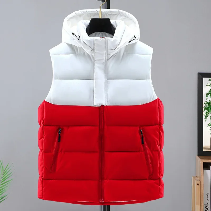 Winter Sleeveless Jacket Men Spliced Color Outerwear Vest Jacket Zipper Warm Thick Down Cotton Hooded Vest Man Slim Fit