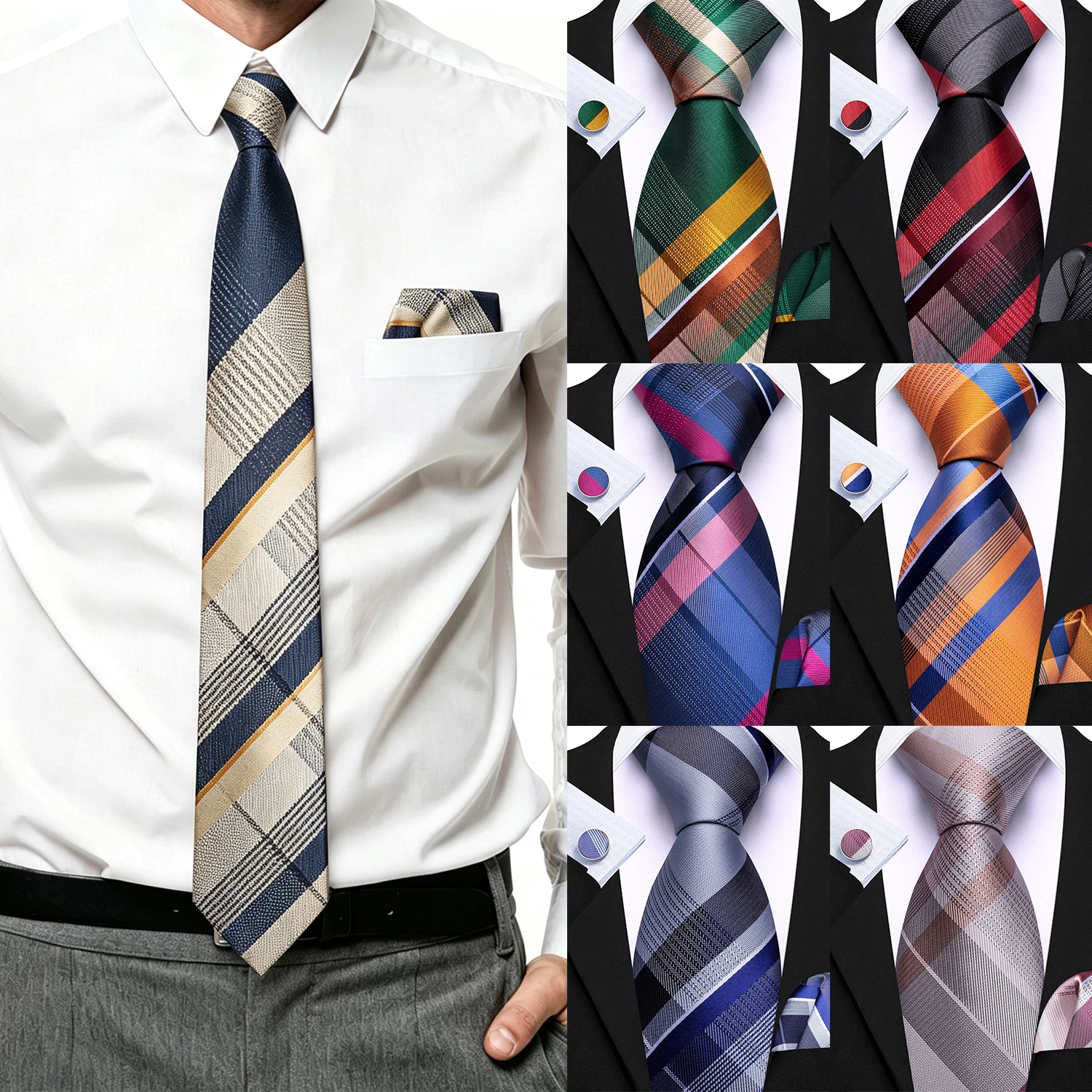 Pocket Square Set - طقم ربطة عنق رجالية بنقشة مربعات