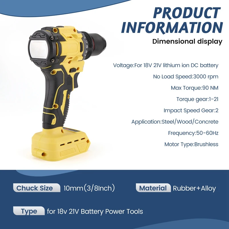 HOT-Electric Drill 3/8Inch 90Nm Cordless Electric Drill Brushless Hand Screwdriver For 18V 21V Battery Power Tools