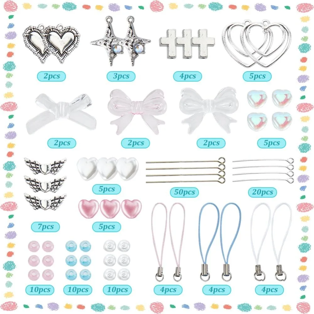 154Pcs DIY 8 Sets Phone Charm Making Kit Cute Bowknot Bow Knot Wing Heart Beads Phone Charms Phone Keychain Charm Cell Phone kit view 2