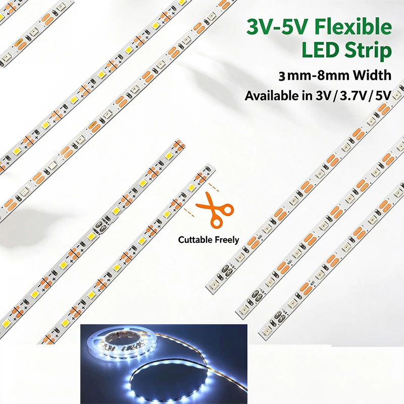 5M Roll Soft LED Light Strip, 3V/3.7V/5V Cuttable, Warm/White/Neutral Light, DIY Lighting Decor Toy Gift, Non-Waterproof