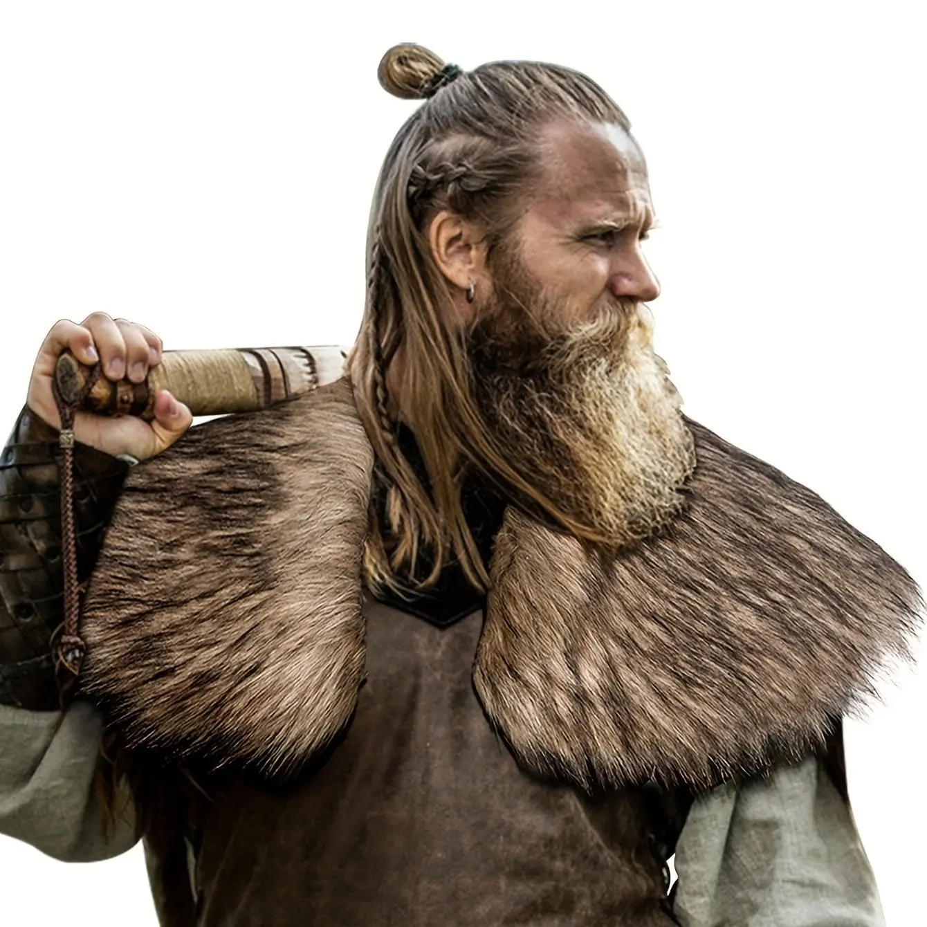 Mens Viking Faux Fur Cape Medieval Warrior Cloak Cosplay Costume with Fur Collar