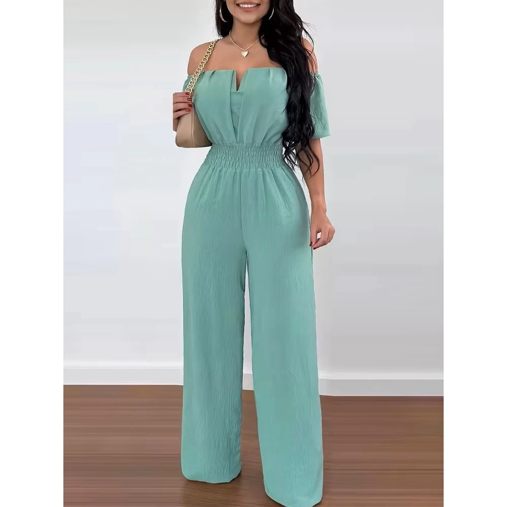 Women's V-Cut Off The Shoulder Wide Leg Jumpsuit Shor Sleeve Overalls Casual Outfits Elegant Summer Female One-Piece Y2K