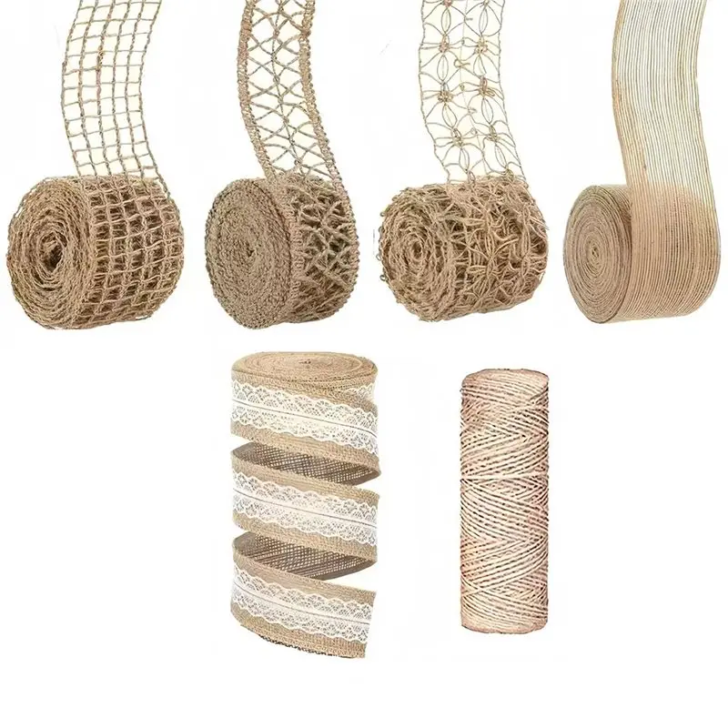 WORTHOWN-5 Rolls 13Ft Burlap Ribbon Wired Natural Jute Burlap Lace Wrapping Ribbon With 328 Ft Twine Rope For DIY Crafts And Dec