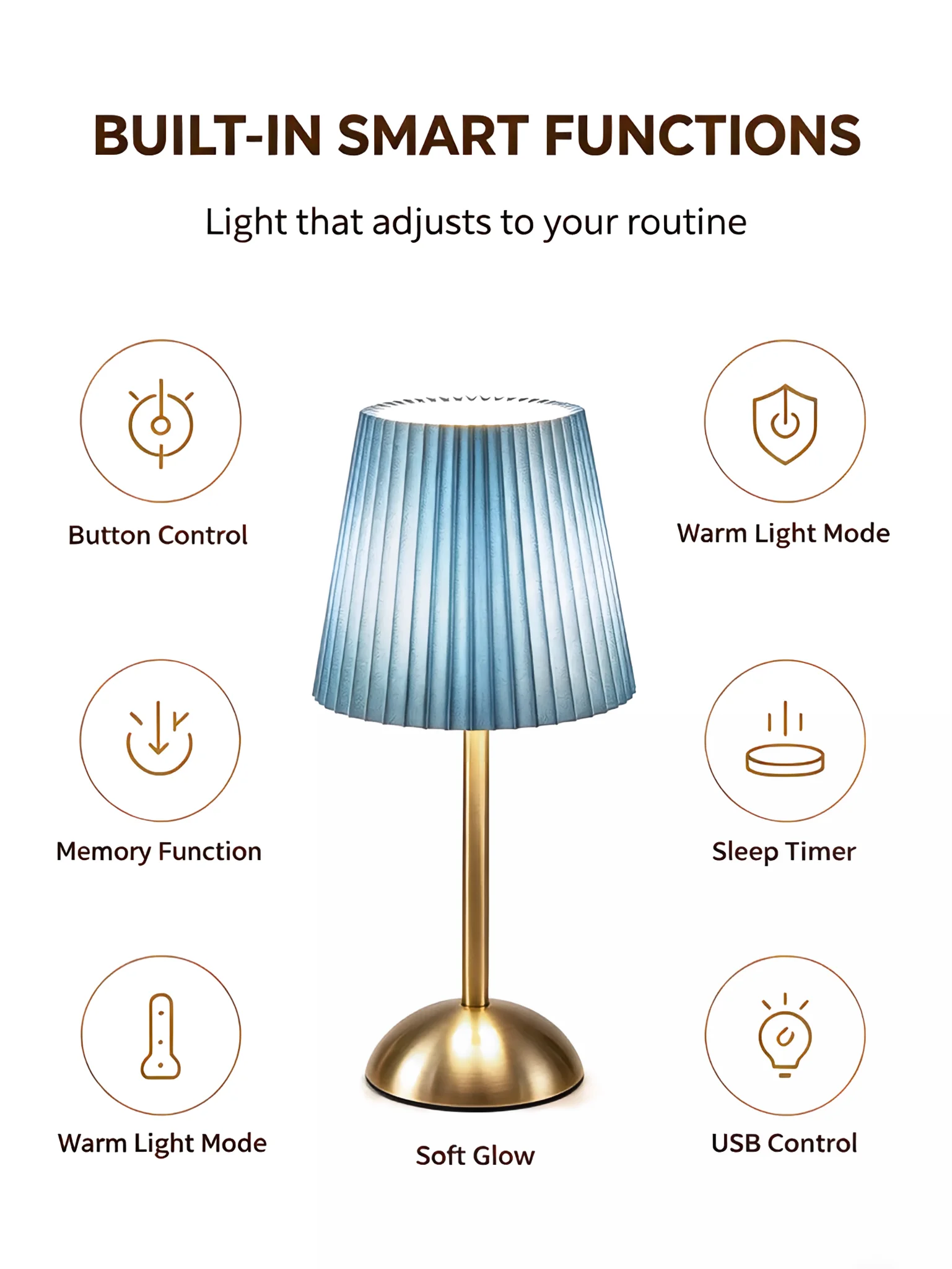 Teal Blue Pleated Fabric Shade USB Table Lamp, Elegant Gold Metal Base Decorative Desk Lamp, USB Control Bedside Lamp for Bedroo