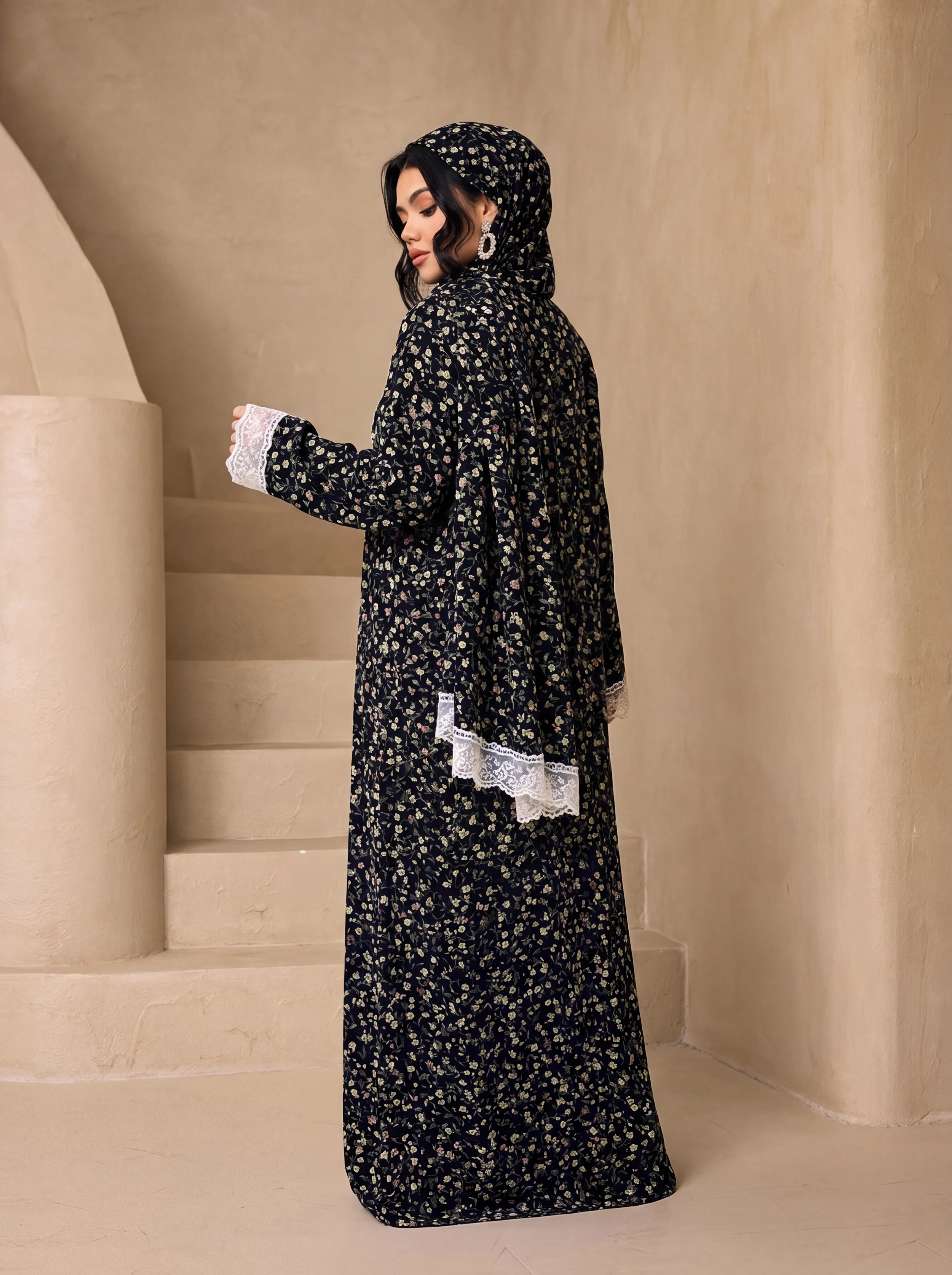 Ditsy Floral Open Abaya 3 Piece Set Matching Hijab, Lace Cuff Flare Sleeve Modest Maxi For Muslim Women Eid Daily Outfit view 6