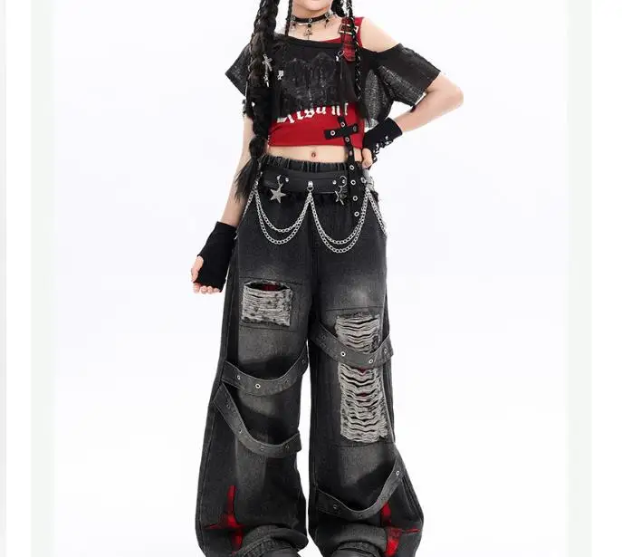 Girls K-pop Off-Shoulder Crop Top with Ripped Jeans Hip Hop Jazz Denim Pants Set Child Street Dance Costume Group Outfit