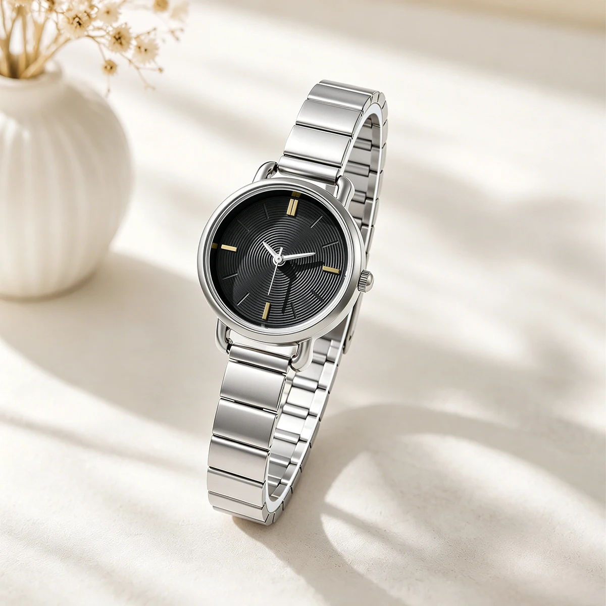 Round Spiral Green Dial Women Quartz Watch Silver Stainless Steel Butterfly Buckle Band Minimalist Ladies Dress Women Wathes