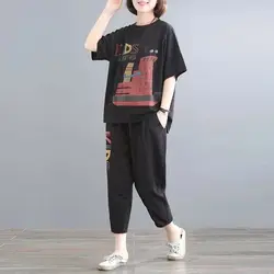 Casual Sports Suits Women 2024 Summer Loose Oversized Women's Clothing Thin Cartoon Printing T-shirt Cropped Pants 2 Piece Sets