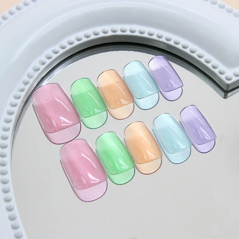 

30Pcs Short Coffin Press-on Nails: Solid Magnetic Cat Eye in Orange, Purple, Green, Pink & Lake Blue - Multicolor Magic