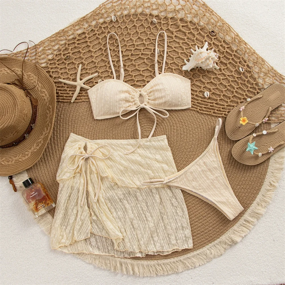 Sexy Lace Bikini Set Micro Drawstring Ruffled Skirt 3 Piece Swimsuit Women Jacquard Sheer Vacation Swimwears Thong Beach Outfits