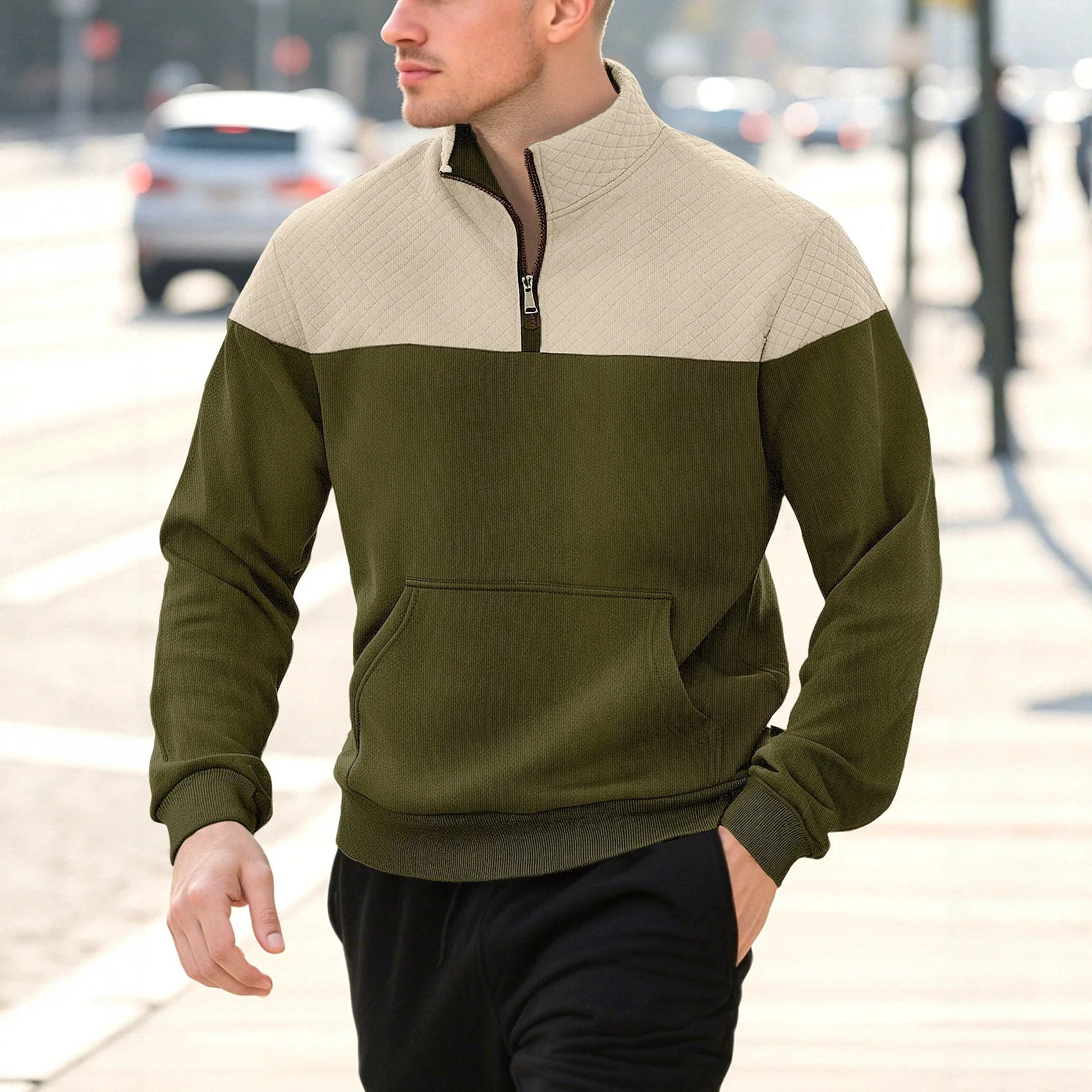 2026 American Style New Fashion Men Long Sleeve Stand Collar Half Zipper Simple Basic Casual Trendy Waffle Pullover Sweatshirts