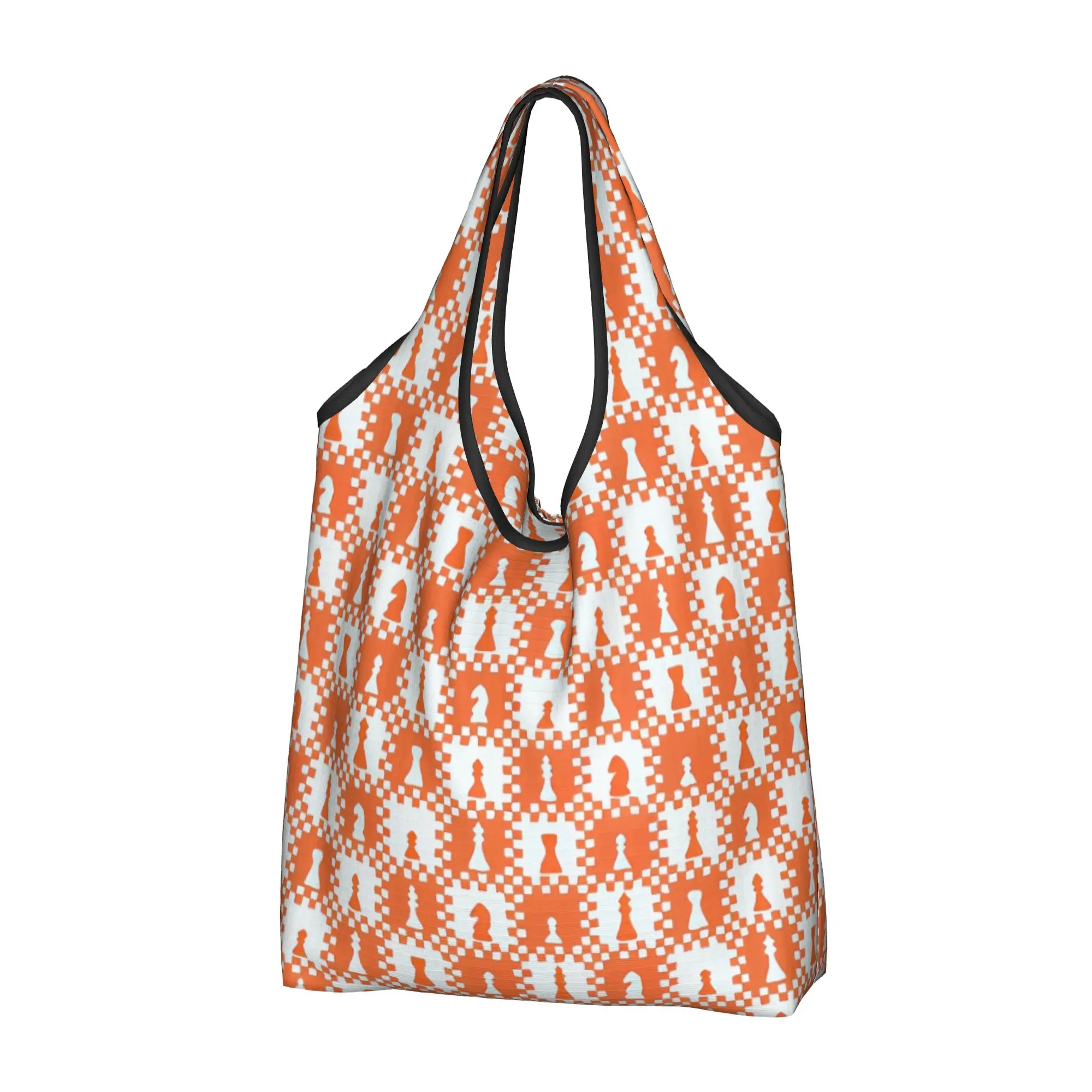Reusable Small Scale Chess Chessmen Game Pieces on Checkerboard in Orange and White Shopping Bag Women Tote Bag Shopper Bags