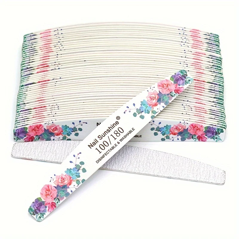 5/10pcs Purple Flower Wooden Nail Files 100/180 Grit Half Box Professional Washable Wear-Resistant