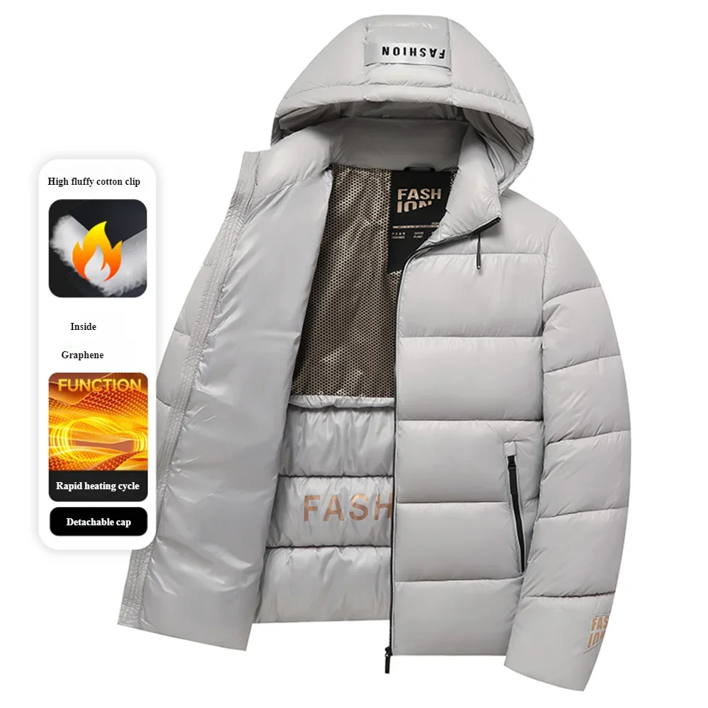 Heren winter glanzende gewatteerde jas Business Casual dikke warme katoenen gevoerde jas met afneembare capuchon winddichte parka jas heren