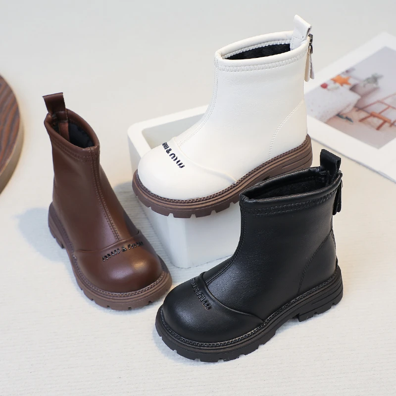 Girls Ankle Boots, Fashion Embossed Letter Kids Short Boots Back Zipper, Non‑Slip Thick Sole Toddler Autumn Winter Dress Boots