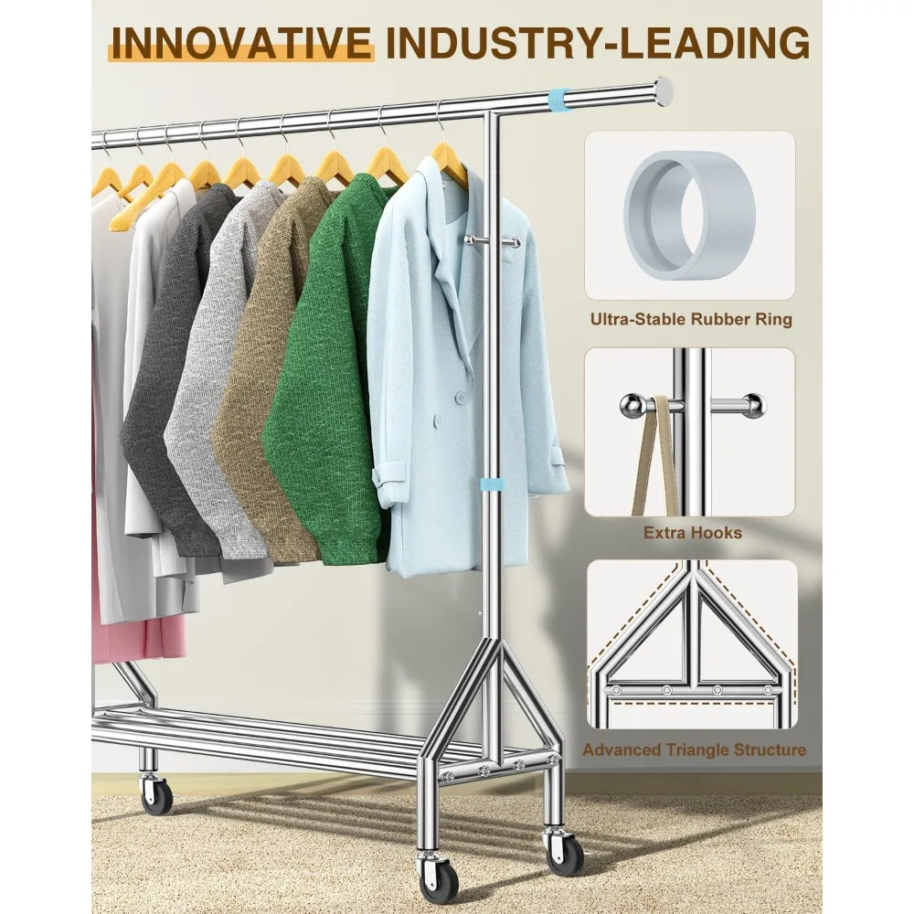 

Модернизированная вешалка для одежды из 100% нержавеющей стали, сверхмощная, 760 фунтов, большие колеса, выдвижная регулируемая вешалка для одежды на колесиках с
