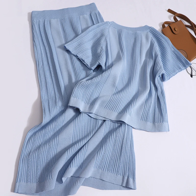 Women Spring Summer Vintage O-Neck Metal Buckle Raglan Sleeve Knit Pullovers Elastic Band High Waist Knee-Length Skirts Chic Set