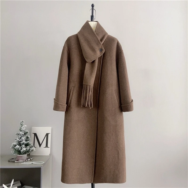 2024 Fall and Winter New Female Real Wool Double-sided Tweed Round Neck Long Coat with Scarf Trench  PT4112