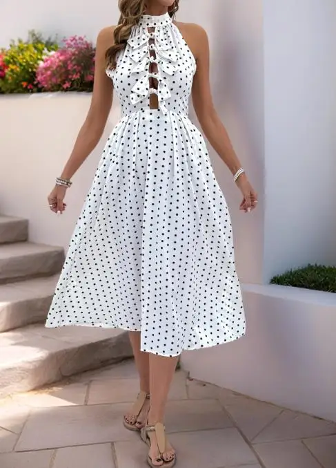 เดรสยาวปานกลางสำหรับผู้หญิง ลายจุด คอ halter แขนกุด แต่งระบายด้านหน้าและดีไซน์เว้าช่วงเอว สไตล์หรูหราสำหรับฤดูร้อน