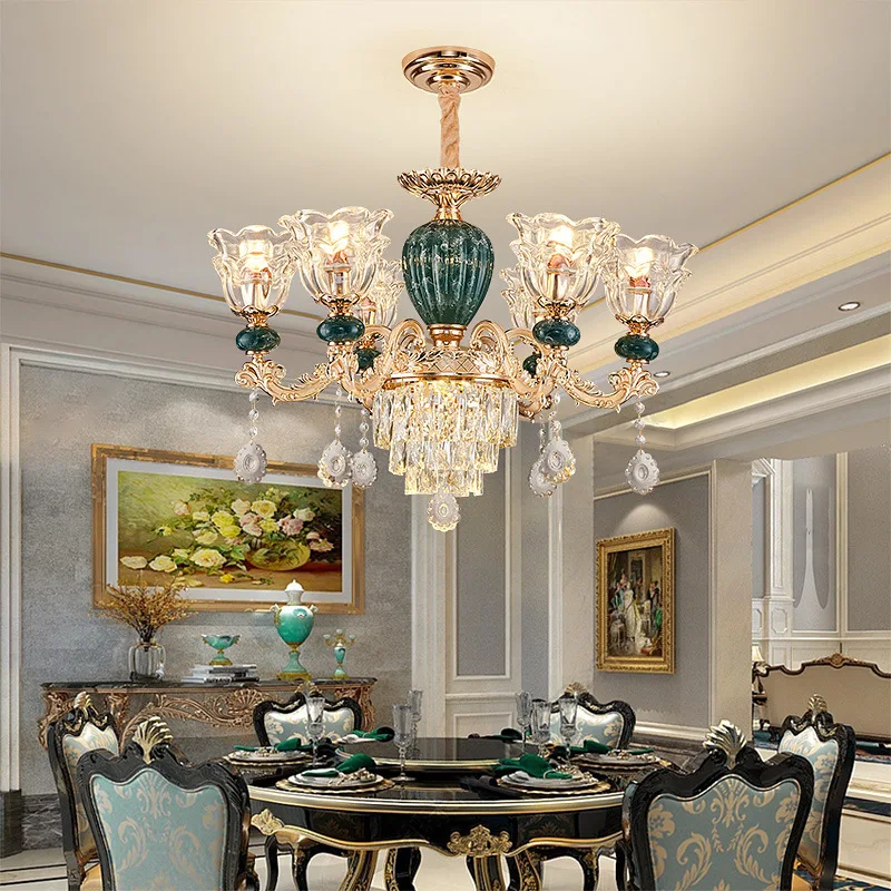 LED Crystal Ceramic Retro Ceiling Chandelier European Style Lamp Living Room Bedroom Villa Duplex Plant Fun Luxury Chandelier