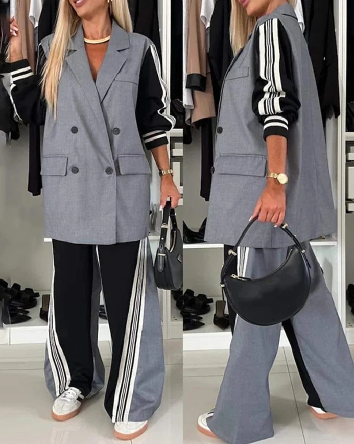 

Women's Casual Stripe Print Notched Collar Front Button Blazer & Wide Leg Sets Work Suit Coat Sets 2PCS Female Trousers Outfits